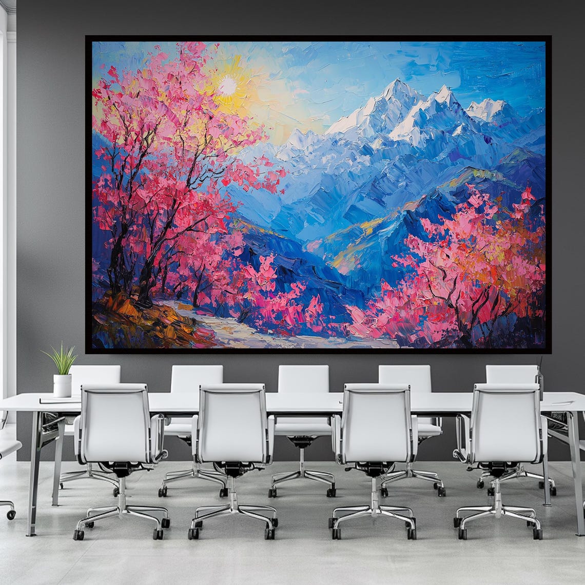 Pink Cherry Blossom Trees Blue Snowy Peaks Spring Landscape Art Poster - Image 3