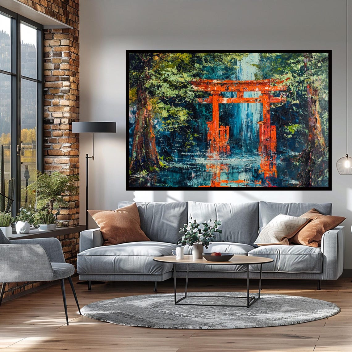 Red Torii Gate Forest Shrine Waterfall Impressionist Art Poster - Image 3
