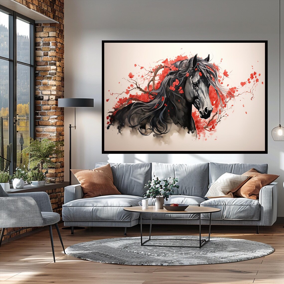 Black Horse Among Red Blossom Branches Portrait Watercolor Wall Art - Image 2