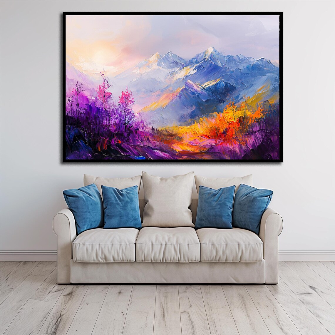 Colorful Sunrise Mountain Peaks Violet Blossom Impasto Oil Painting Poster - Image 2