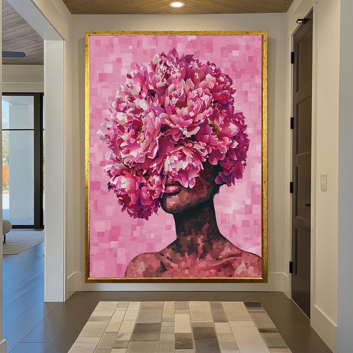 Pink Peony Floral Woman Mosaic Portrait Romantic Artwork Poster - Image 2