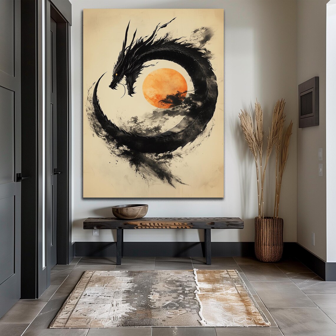 Black Ink Dragon Circling Orange Sun Sumi-e Asian Brush Art Poster - Image 3