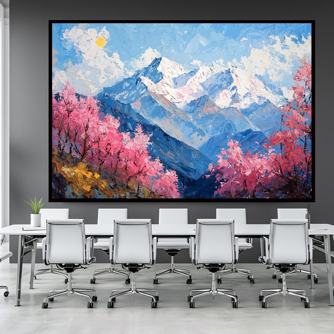 Pink Blossom Trees Snowy Mountain Peaks Spring Impasto Poster - Image 3