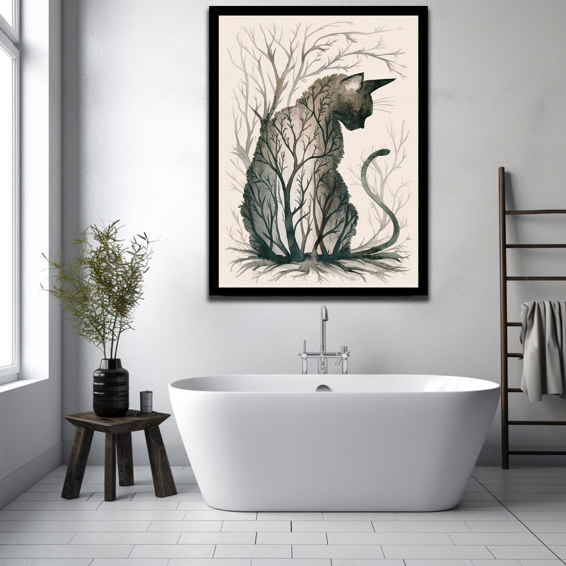 Black Cat Double Exposure Watercolor Tree Silhouette Art Print - Image 3