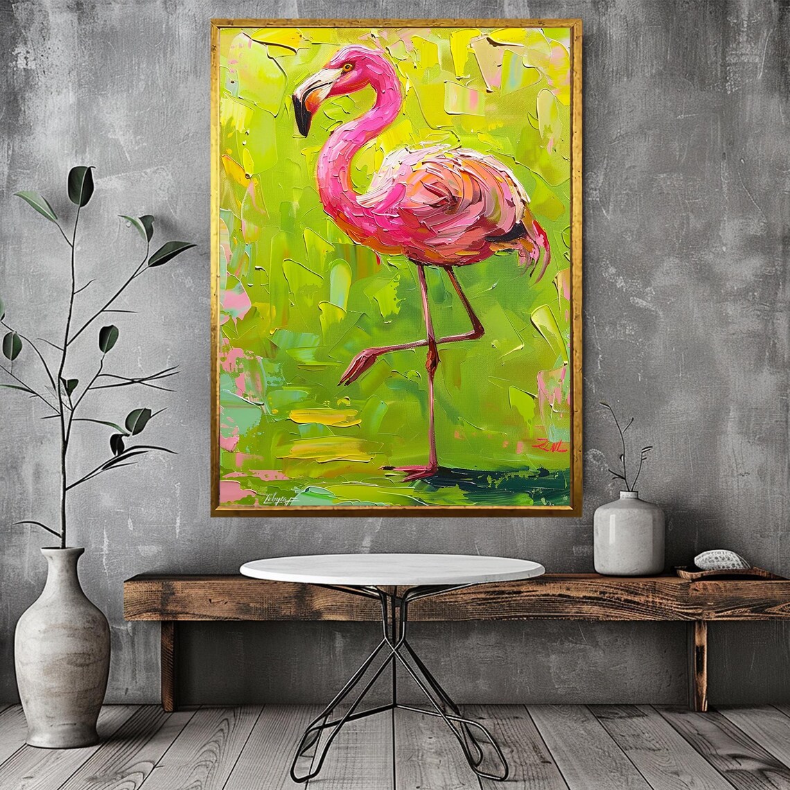 Pink Flamingo Impasto Painting on Lime Green Background Wall Art - Image 3