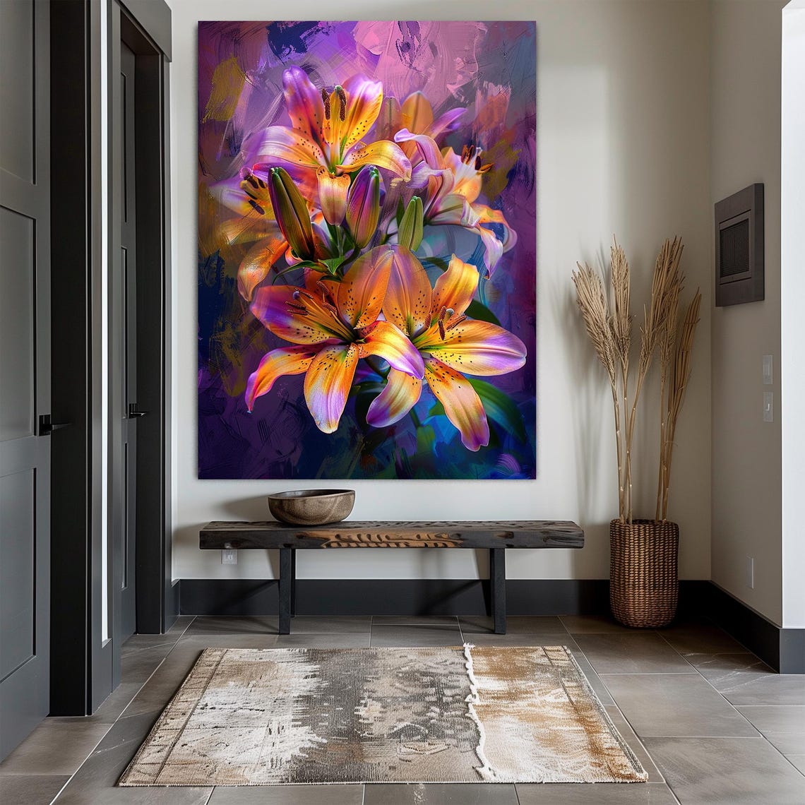 Orange Purple Lily Blossoms Painterly Floral Bouquet Close-Up Poster - Image 2