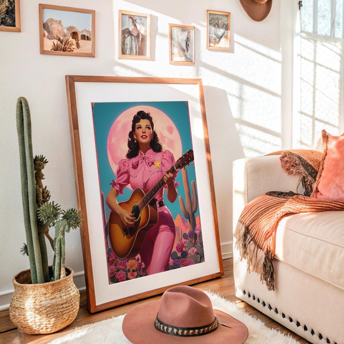 Cowgirl In Pink With Guitar Desert Moonlight Western Art Poster