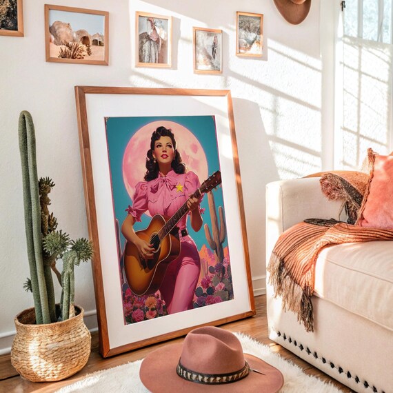Cowgirl In Pink With Guitar Under Desert Moon