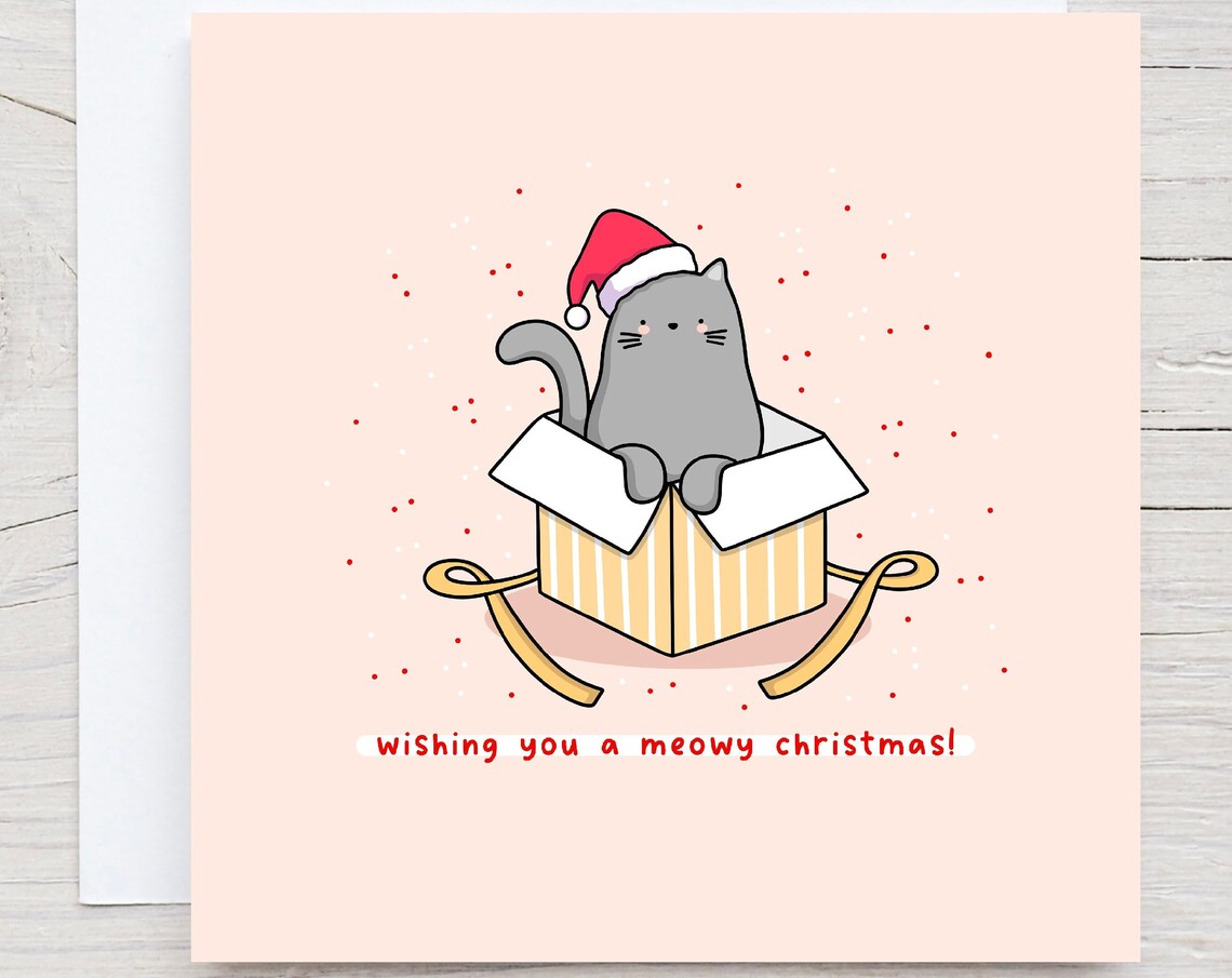 Wishing You A Meowy Christmas Cute Cat Gift Illustrated Card Print