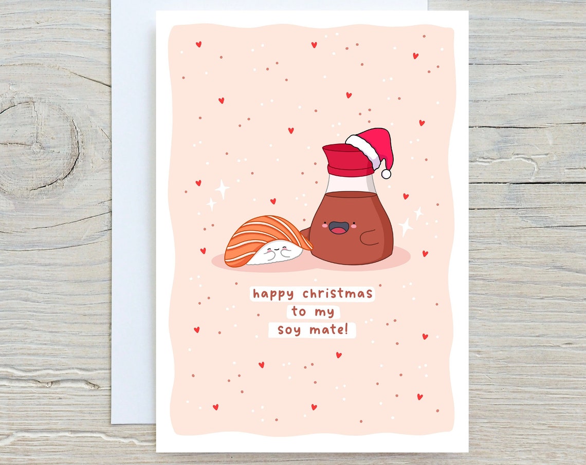 Kawaii Sushi Christmas Pun Poster with Soy Sauce Bottle Santa Hat