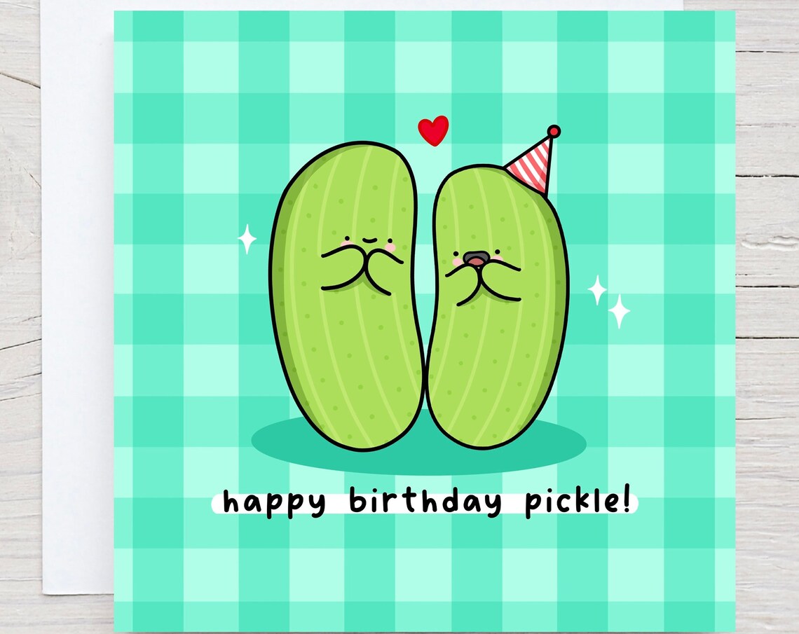 Kawaii Happy Birthday Pickle Smiling Pair Party Hat Pun Art Print