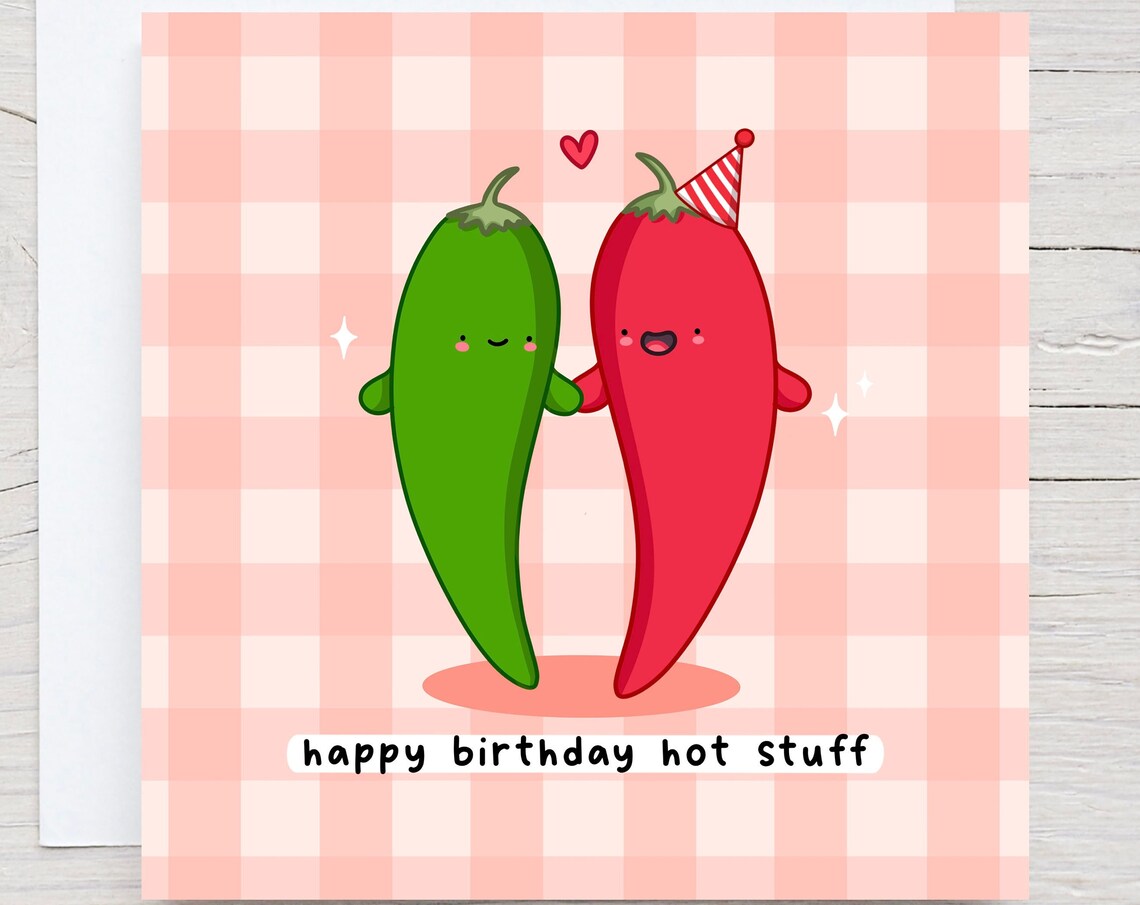 Happy Birthday Hot Stuff Card Funny Pun Birthday Card Punny Love Card Chilli Pun Gingham Card