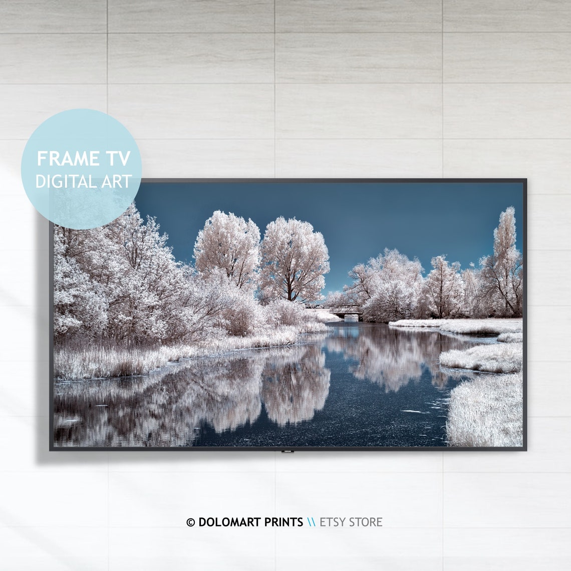 White Winter Trees River Reflection Infrared Blue Frame TV Poster