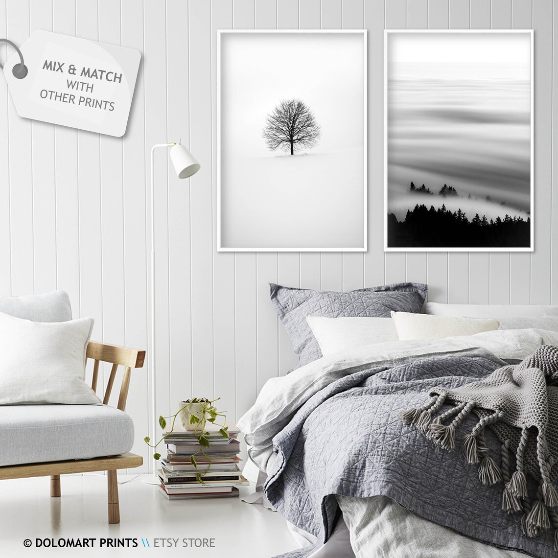 Foggy Mountain Peaks In Clouds Black And White Moody Nature Poster - Image 2