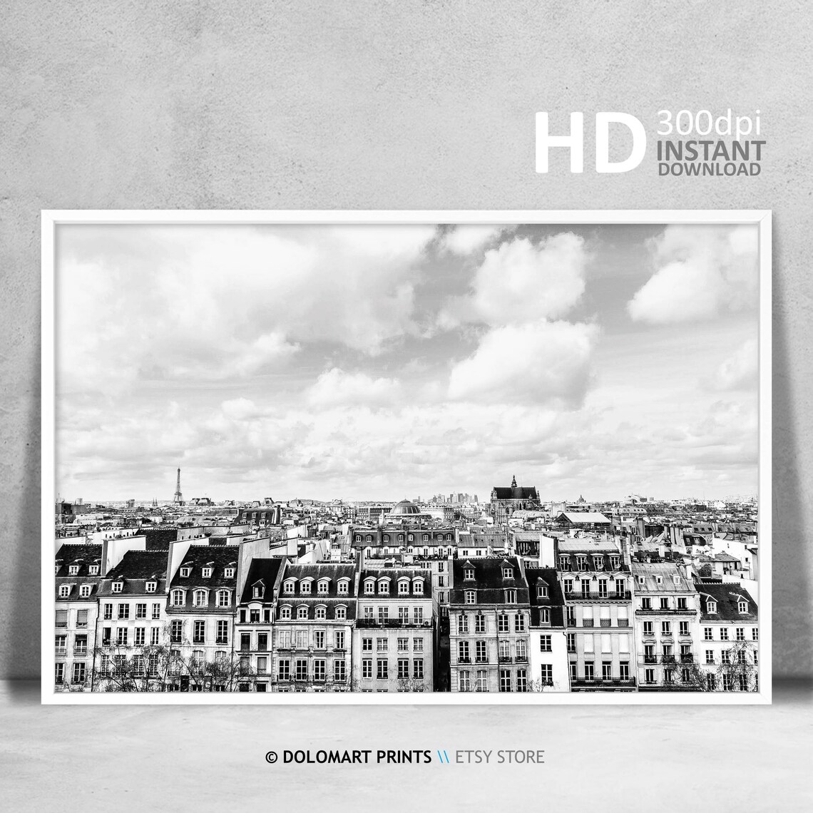 Paris Black and White Skyline Travel Poster, France