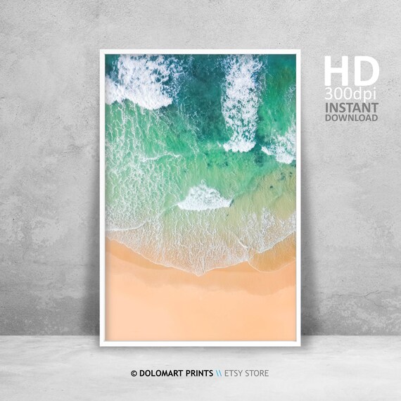 Aerial Sea Foam Patterns Over Turquoise Waves Peach Sand Photography Poster