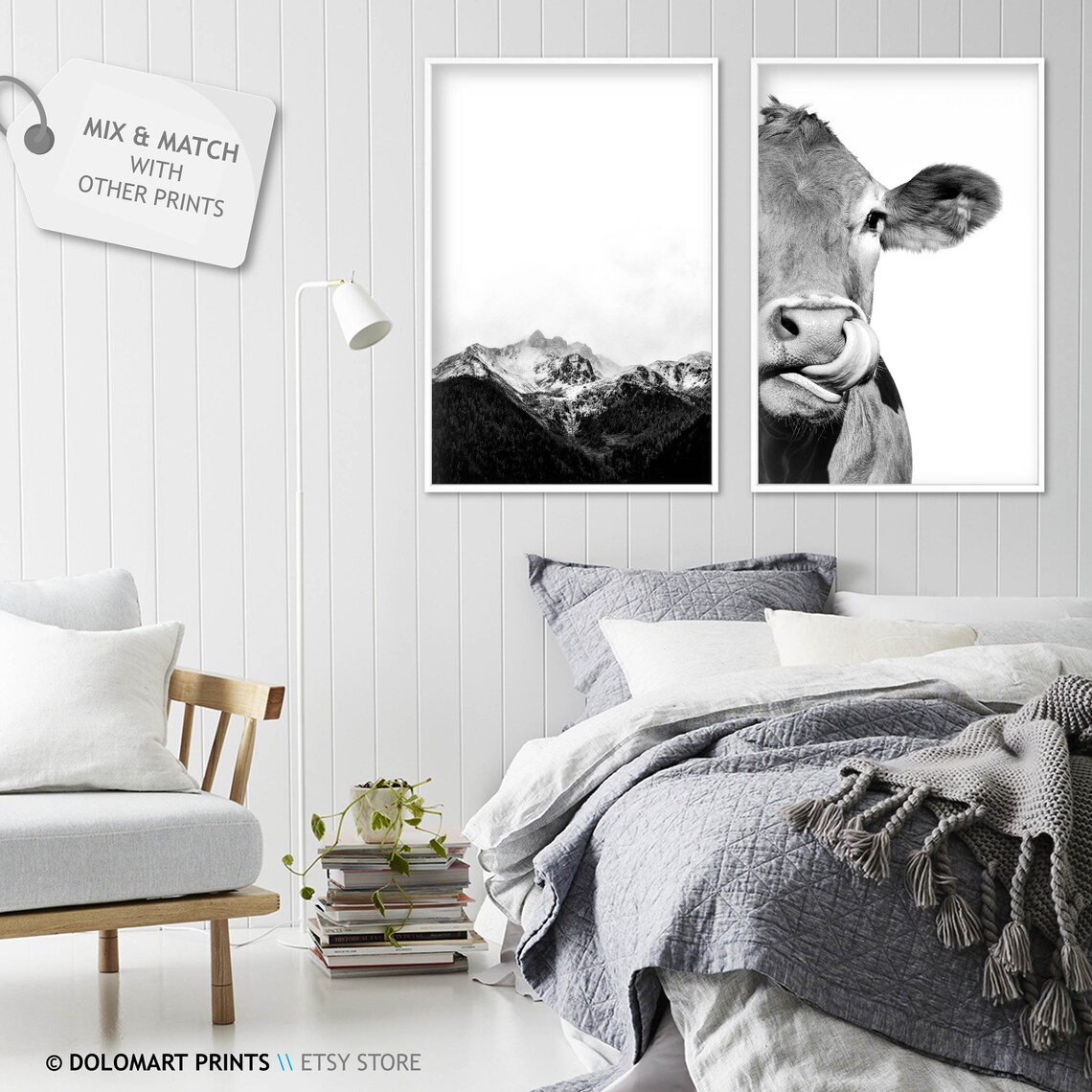 Cow Licking Nose Close Up Black And White Funny Farm Animal Poster - Image 2
