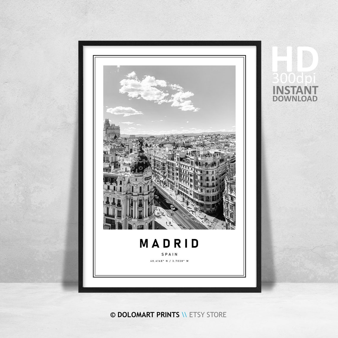 Madrid Spain Gran Via Black And White Photography Travel Poster