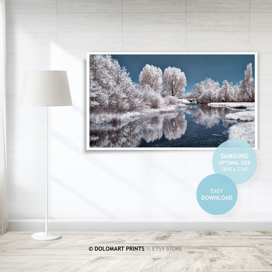 White Winter Trees River Reflection Infrared Blue Frame TV Poster - Image 4
