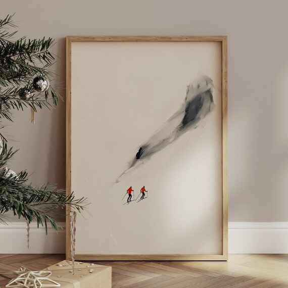 Minimal Winter Art Print Black And White Skiers Wall Art Retro Cabin Decor For Mountain Retreats Airbnb 1557