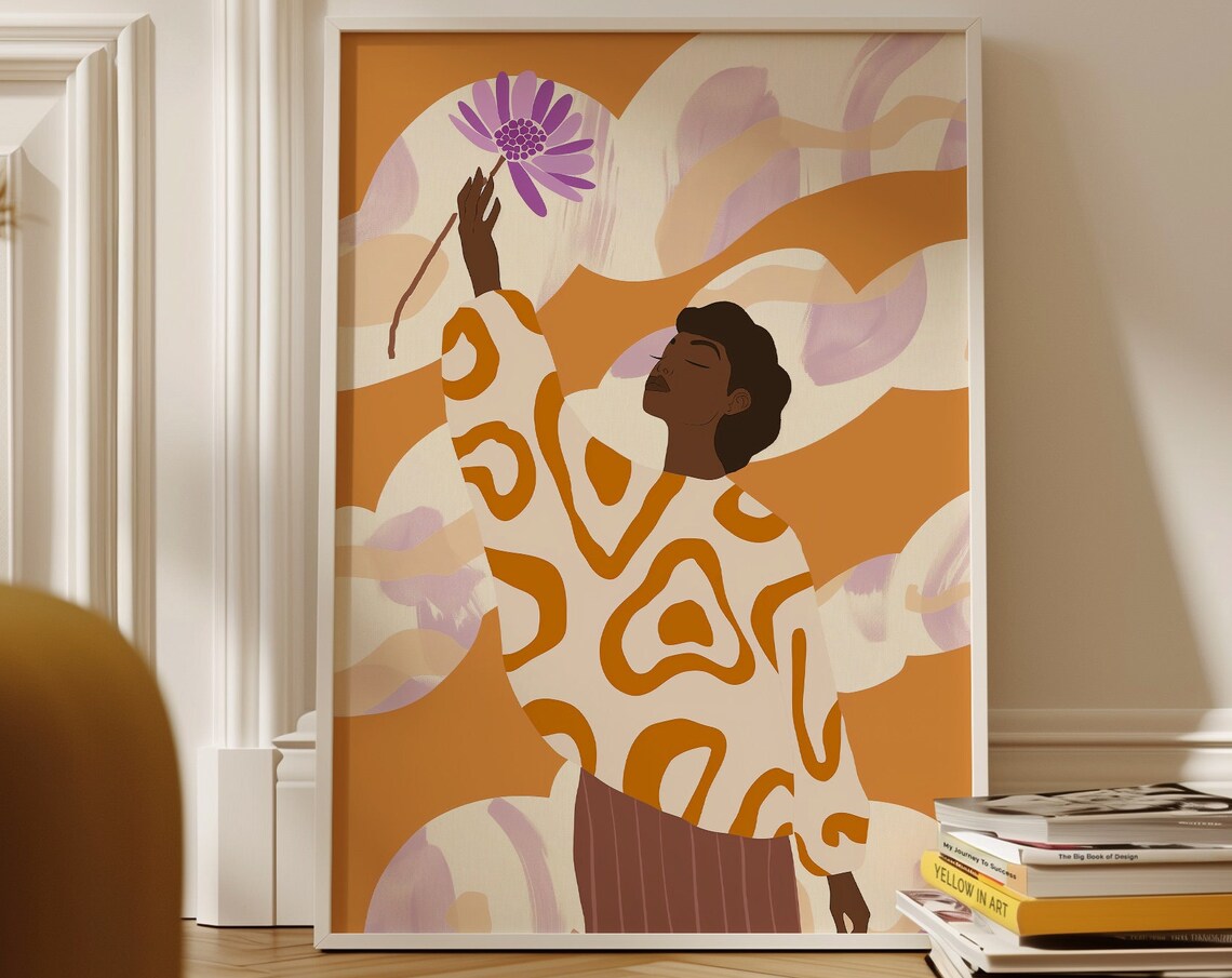 Vibrant Orange Purple Abstract People Mid Century Art Poster