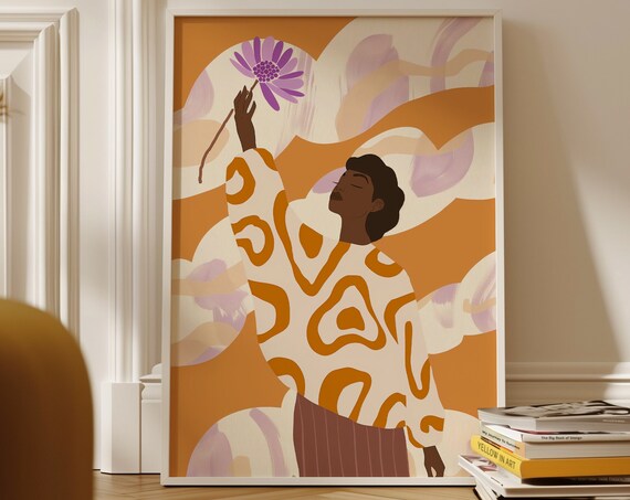 Orange Purple Abstract People Art Wall Decor Mid Century Art Minimalist Print Modern Abstract Art Living Room Female Figure Wall Decor