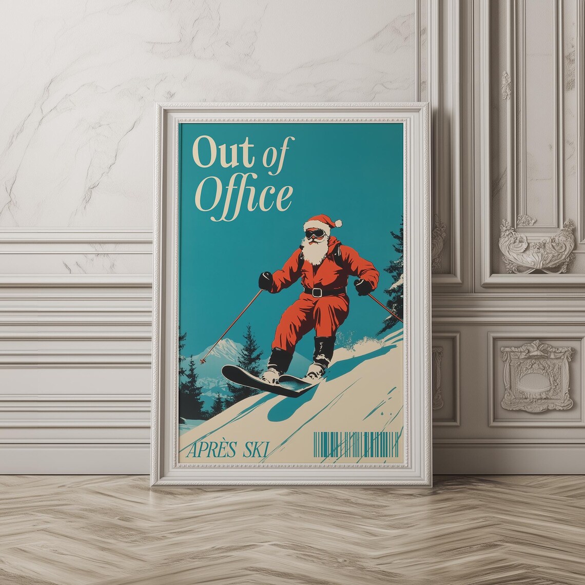 Out Of Office Skiing Santa Teal Retro Christmas Holiday Scene Poster - Image 2