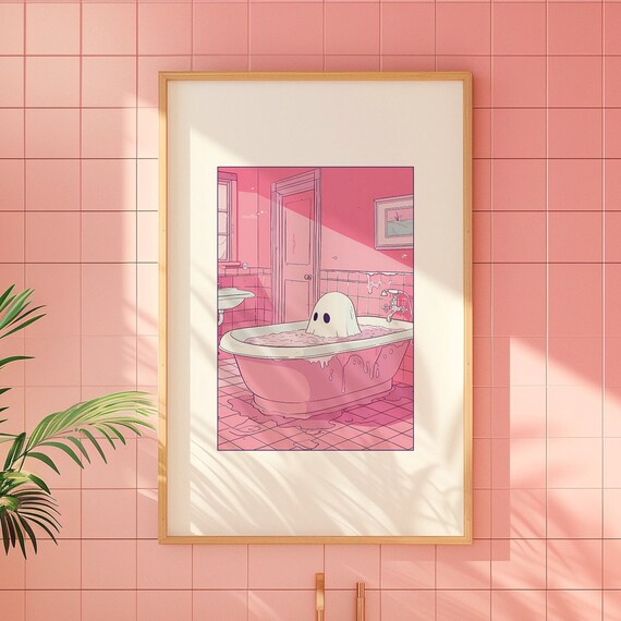 Cute Ghost Soaking In Pink Bathtub Halloween Bathroom Art Poster