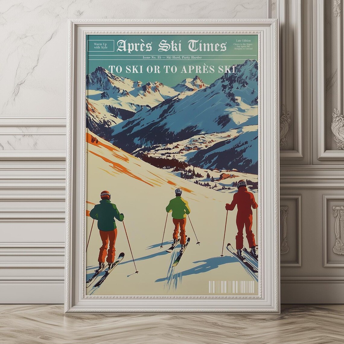 To Ski Or To Apres Ski Retro Newspaper Style Ski Slopes Scene Poster - Image 2