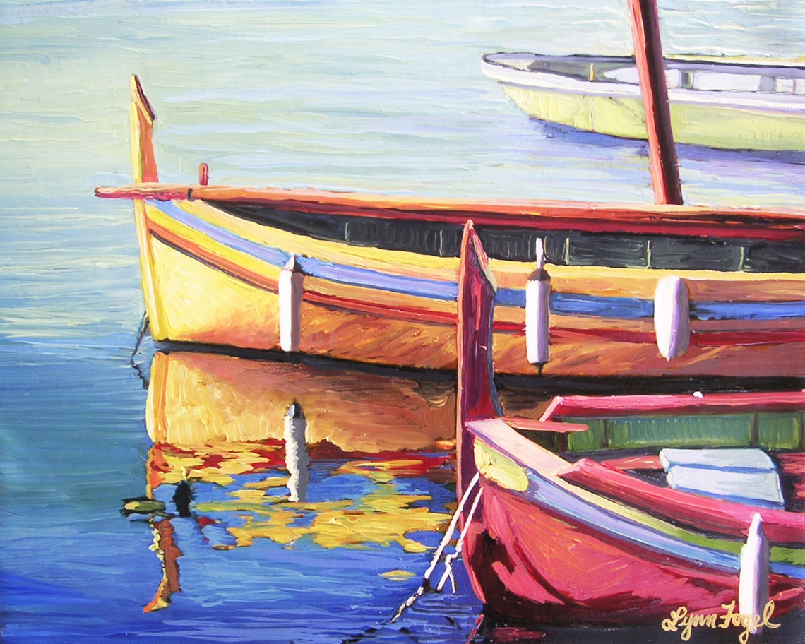 Colorful Wooden Boats Harbor Reflection Nautical Painting Poster