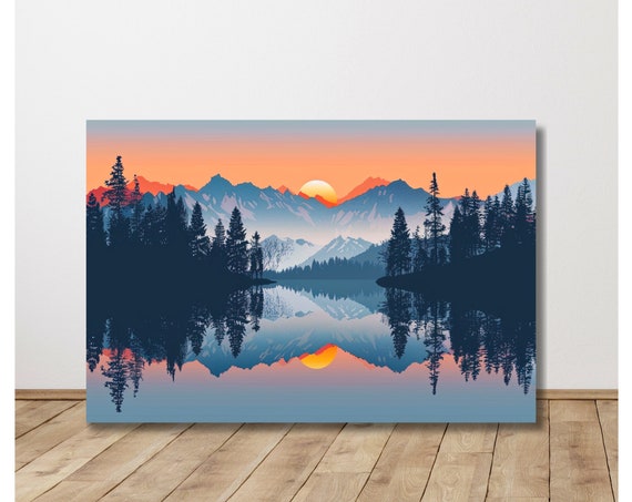 Nature Wall Art Lake Painting Print Cozy Home Decor Hiker Gifts Sunset Art Large Wall Art Living Room Painting Ready To Hang