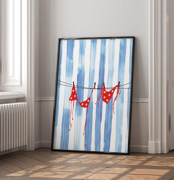 Red Bikini Clothesline Blue Stripes Beachy Watercolor Summer Poster