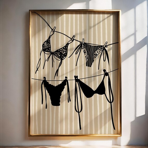 Black Bikinis On Clothesline Beige Striped Summer Beach Poster