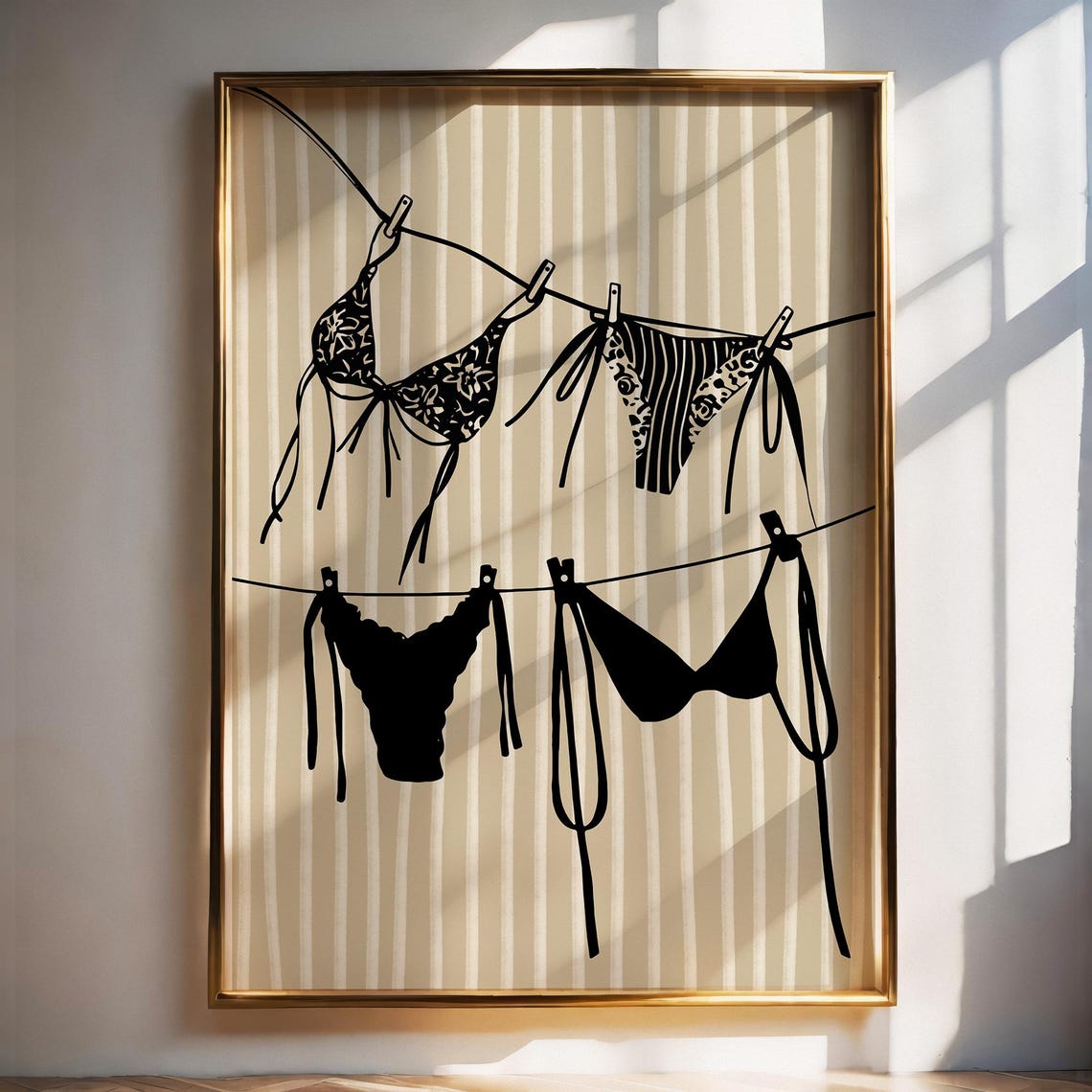 Black Bikinis On Clothesline Beige Striped Summer Beach Poster