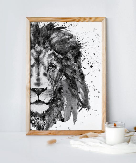 Monochrome Lion Watercolor Half Face Animal Portrait