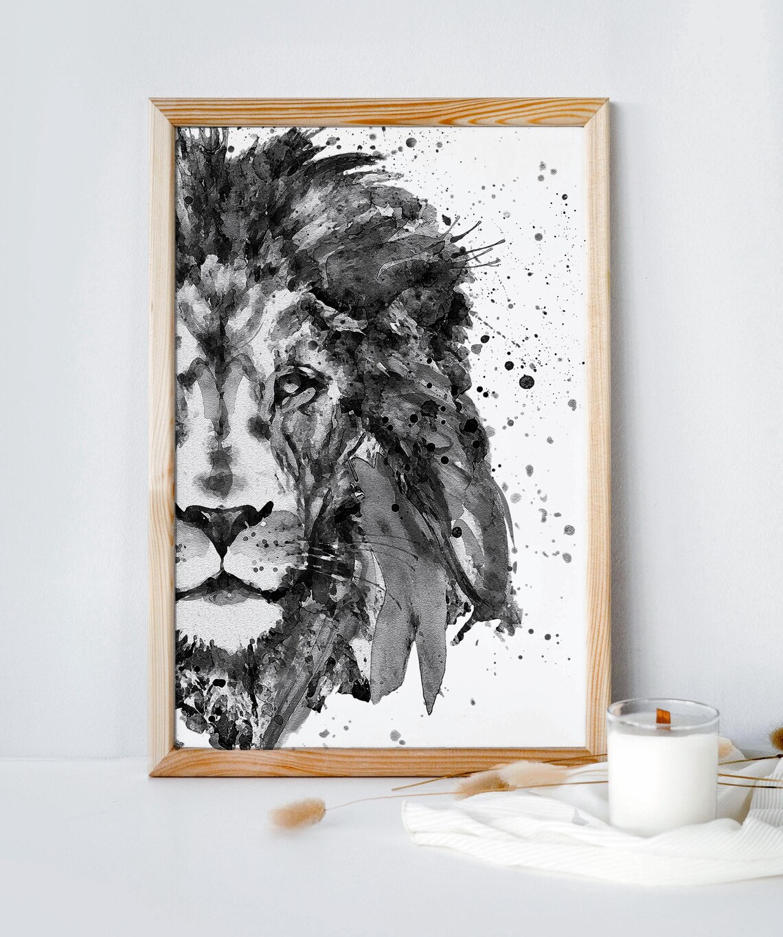 Monochrome Lion Portrait Watercolor Black White Majestic Poster