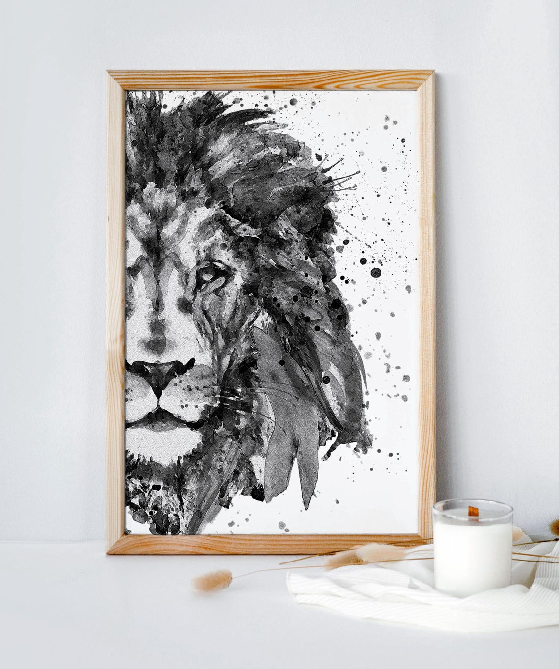 Monochrome Lion Watercolor Half Face Animal Portrait