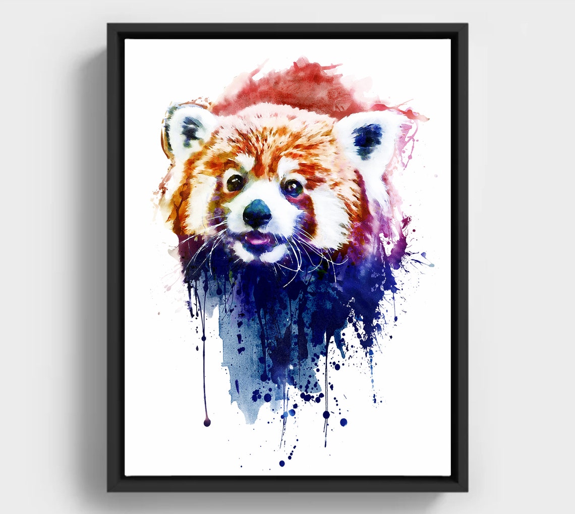 Watercolor Red Panda Art Print Blue Animal Decor Instant