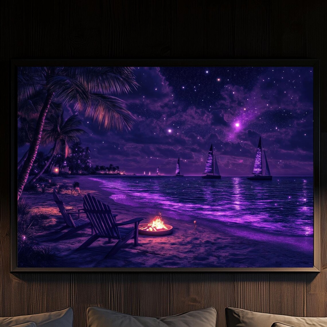 Purple Ocean Night Starry Sky Fire Pit Chairs Sailboats Poster