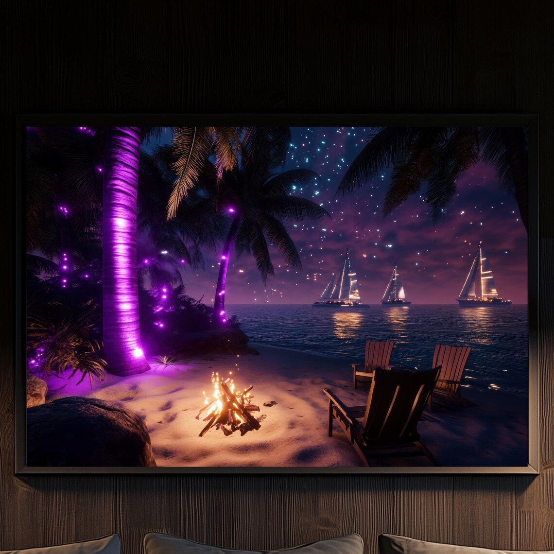 Twilight Beach Bonfire Palm Trees Illuminated Sailboats Night Poster