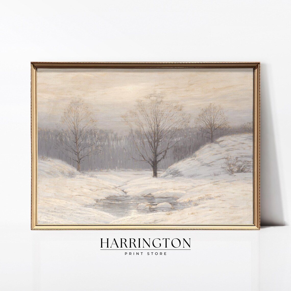 Serene Winter Forest Snowy Stream Landscape Vintage Painting Poster