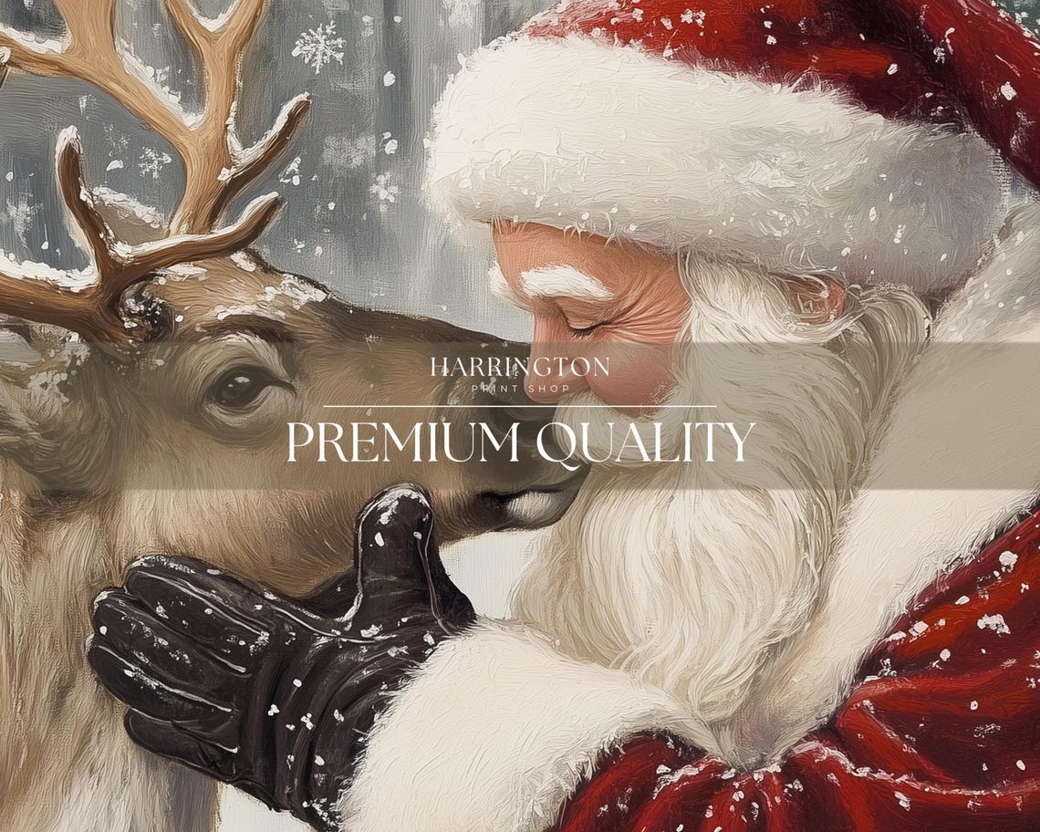 Santa Claus Nuzzling Reindeer Snowfall Vintage Christmas Art Poster - Image 2