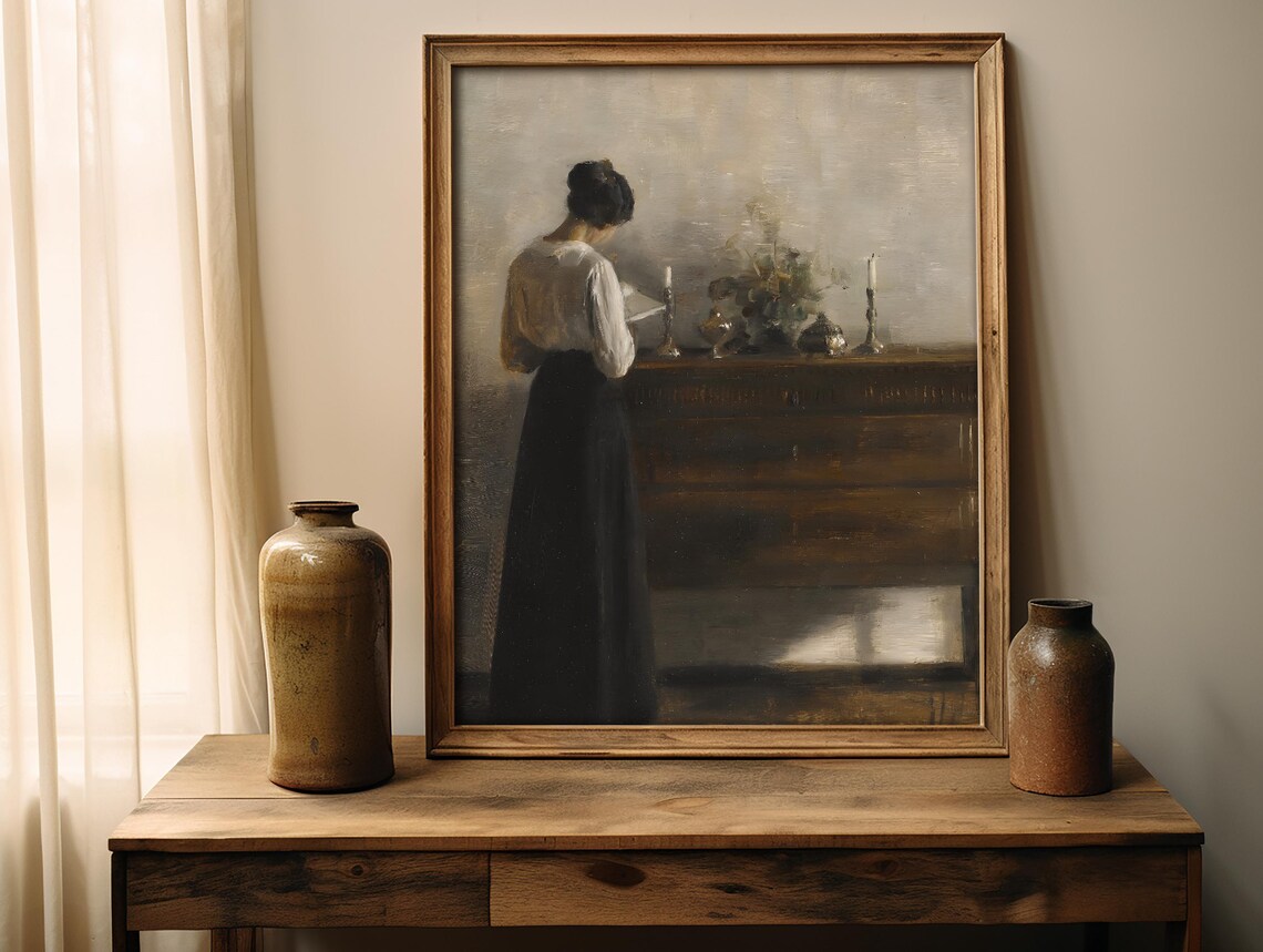 Vintage Woman Reading Quiet Interior Antique Oil Painting Poster - Image 4