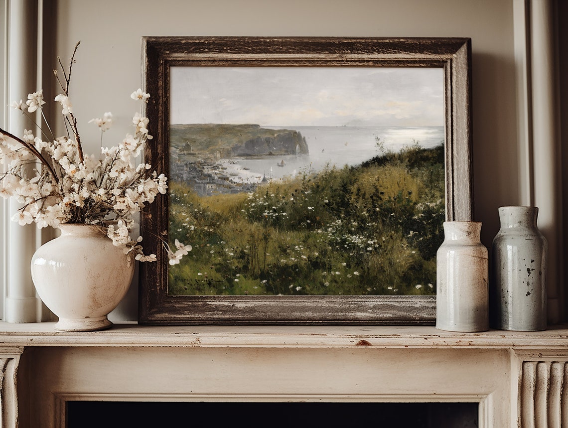 Coastal Cliffs Harbor Town Wildflower Field Vintage Art Poster - Image 2