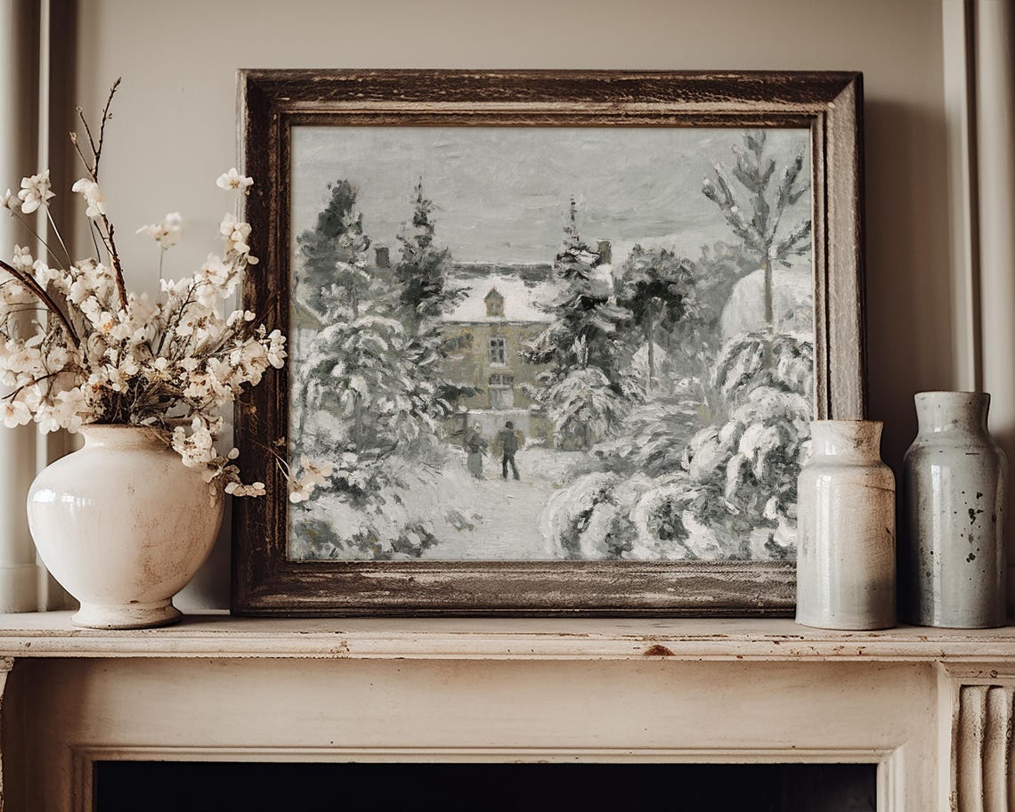 Christmas Winter Landscape Print Christmas Wall Art Holiday Farmhouse Vintage Christmas Painting Farmhouse Decor Snowy Landscape Print - Image 5