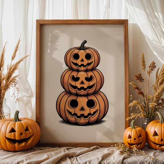 Stacked Jackolantern Halloween Wall Art Cute Pumpkin Trio Poster Neutral Fall Decor