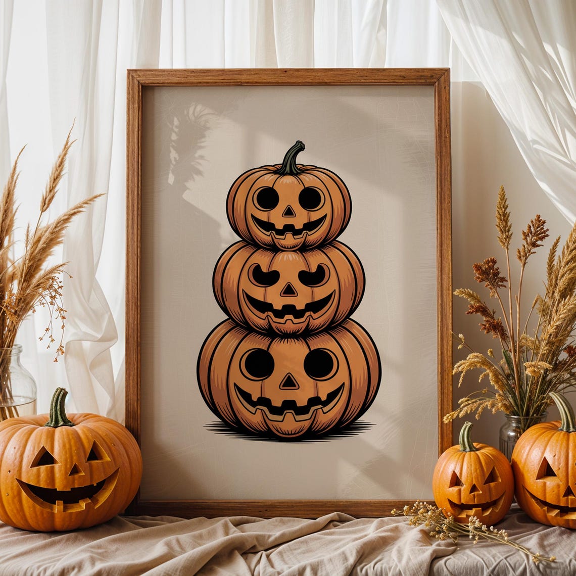 Stacked Jack O Lantern Pumpkin Trio Cute Halloween Fall Poster