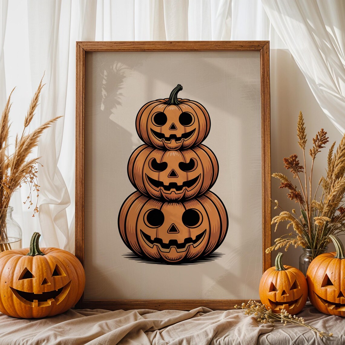 Stacked Jackolantern Halloween Wall Art Cute Pumpkin Trio Poster Neutral Fall Decor