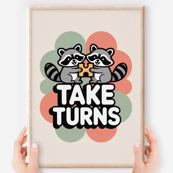Raccoon Take Turns Poster Sharing Cooperation Classroom Art