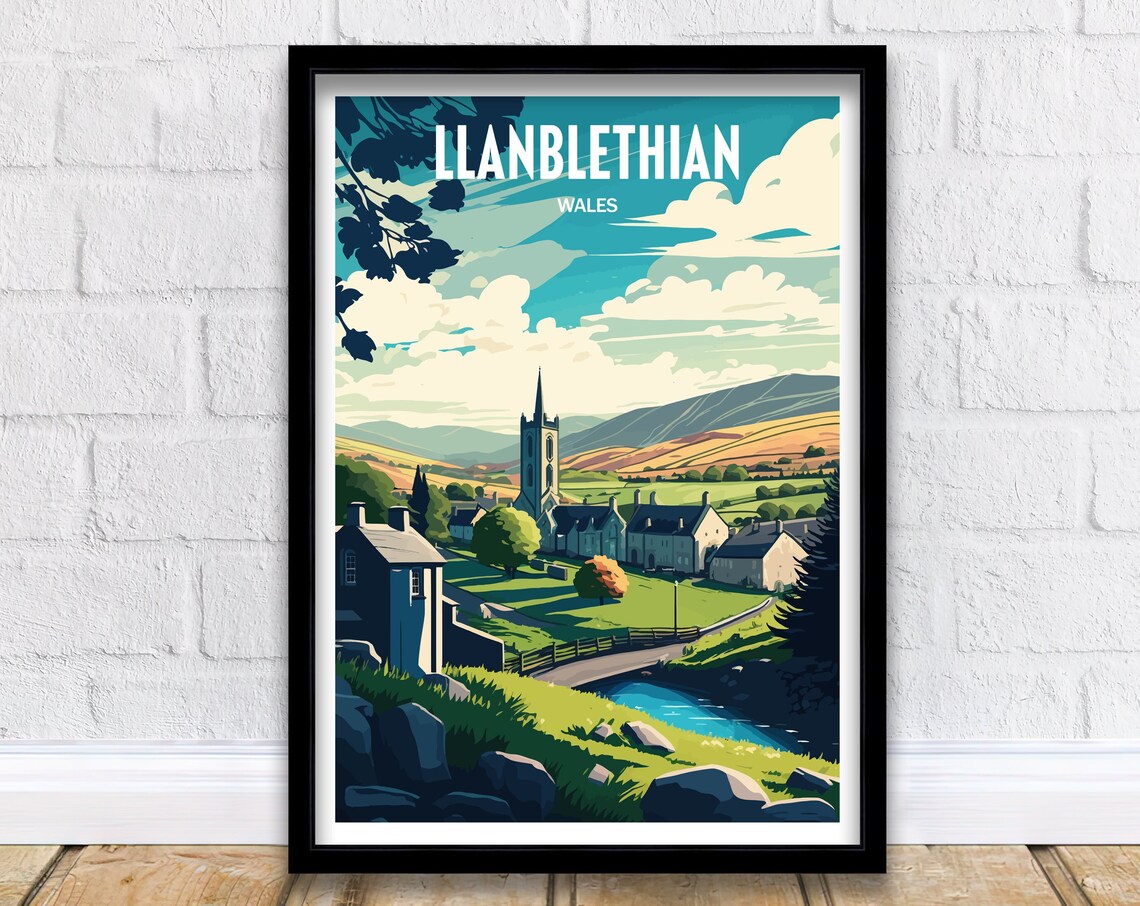 Llanblethian Wales Travel Poster with Village Church and Hills